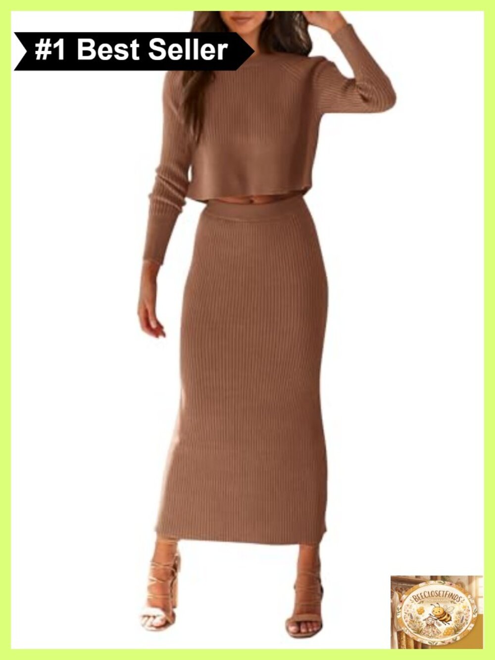 Rib Knit 2 Piece Sweater Set Long Sleeve Crop Top Maxi Bodycon Skirt Casual